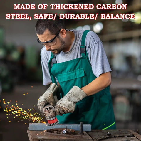 Man using four and one half inch angle grinder wire wheel set with six packs including three inch and four inch cup and wheel brushes.
