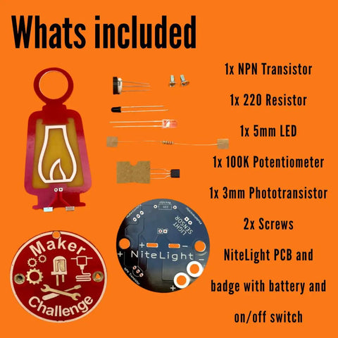 Components of DIY Soldering NiteLight Lantern Maker Kit For Students And Adults including PCB, LED, resistors, and parts list