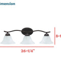 3 Light Vanity Fixture In Oil Rubbed Bronze With Alabaster Glass Shades 26 And A Quarter Inch Wide Bathroom Lighting dimensions shown