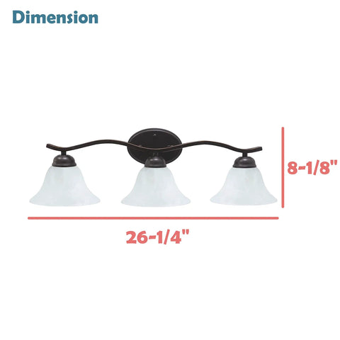 3 Light Vanity Fixture In Oil Rubbed Bronze With Alabaster Glass Shades 26 And A Quarter Inch Wide Bathroom Lighting dimensions shown