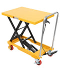 Heavy Duty Hydraulic Scissor Lift Table Cart With 500 Pound Capacity, Adjustable height platform with sturdy yellow tabletop.