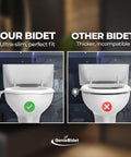 Comparison of ultra-slim self cleaning toilet bidet attachment with separate rear and feminine nozzles and other bulky bidet.
