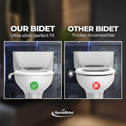 Comparison of ultra-slim self cleaning toilet bidet attachment with separate rear and feminine nozzles and other bulky bidet.
