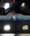 Comparison of 2Pcs LED Side Mirror Puddle Light Lamps Assembly for Dodge Ram with OEM halogen, showing brightness and color difference