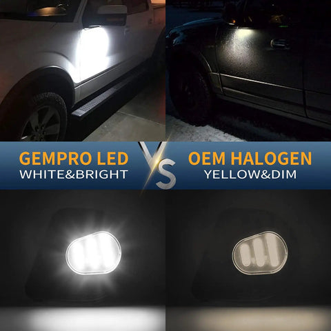 Comparison of 2Pcs LED Side Mirror Puddle Light Lamps Assembly for Dodge Ram with OEM halogen, showing brightness and color difference