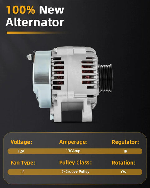 Side view of 130 Amp 12V Alternator Replacement For Hyundai Azera Entourage Santa Fe Sonata Veracruz Kia Sedona Sorento Beefy Drop In Auto Electrical Generator Built To Last With Smooth Power And Easy Fit For 2006 2012 Models showing details and specifications.