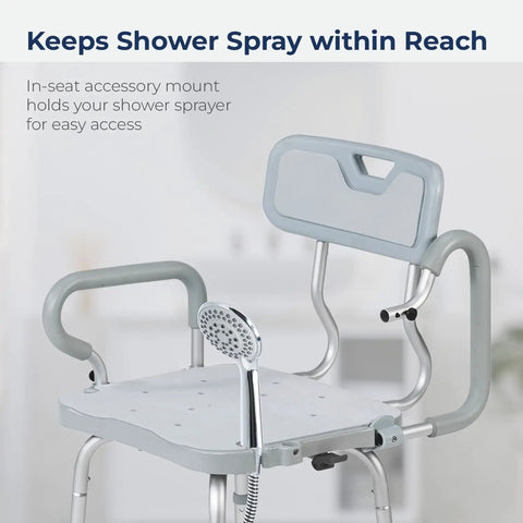 PreserveTech 360 Degree Swivel Shower Chair With Arms And Back For Safe Bath Time Non Slip Seat with shower spray holder