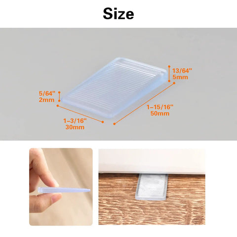 8 Pcs Clear Furniture Shims With Non Slip Threaded Level Wedges, 50mm x 30mm x 2mm to 5mm, showing size and usage