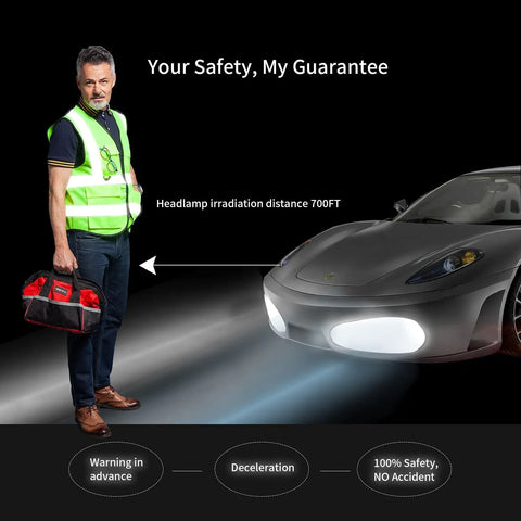Person wearing Unisex Reflective Safety Vest With Zipper Front, holding tool bag near illuminated car headlamp at night