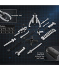 Heavy Duty Gear Puller Set With 2 And 3 Jaw Configurations 4 Piece Kit featuring 3, 4, 6, 8 inch interchangeable pullers and specifications.