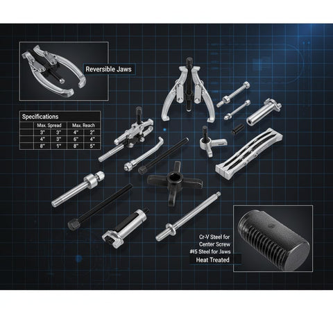 Heavy Duty Gear Puller Set With 2 And 3 Jaw Configurations 4 Piece Kit featuring 3, 4, 6, 8 inch interchangeable pullers and specifications.