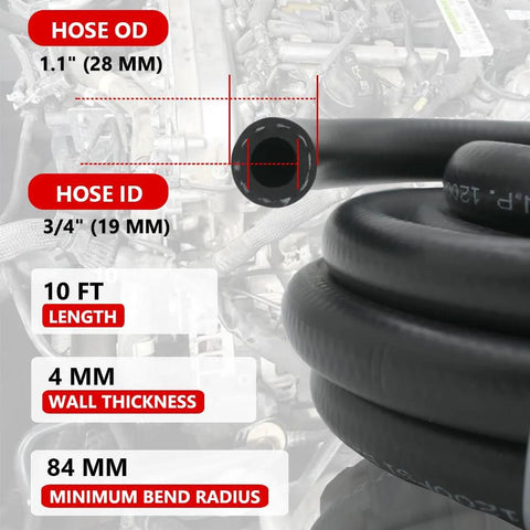 Close-up of Byredio 3/4-inch ID push-on fuel hose, black NBR, 10 ft, 150 PSI high-pressure line