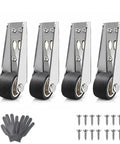 Zero Drama Heavy Duty Vertical Track Roller Wheels Slide Doors Smooth As Butter For Barn Cabinets Drawers And Heavy Gates Premium Alloy Steel Core With Ultra Quiet Soft Rubber Casters Fast Install 4 PCS Set shown with four rollers, screws, and gloves.