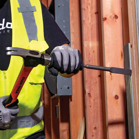 Worker using SDS Demolition Screwdriver Set With Flat Chisel And Bull Point Tips For Rotary Hammer Drills And Handheld Pry Bars