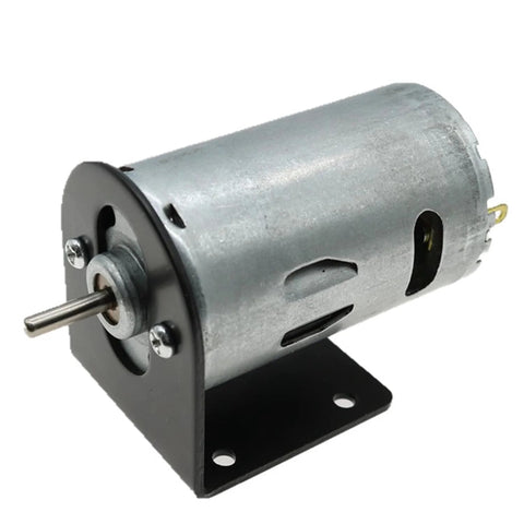 Side view of black metal motor mount with base plate and screws for DC motors