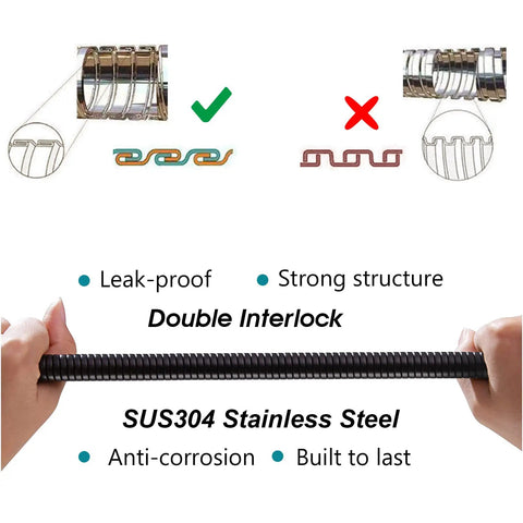 Hands holding 69 Inch Extra Long Stainless Steel Shower Hose With Brass Insert, Ultra Flexible Handheld Shower Replacement, Oil Rubbed Bronze Finish with double interlock design.