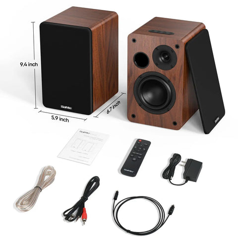 Bluetooth Bookshelf Speakers 40W X 2 with 4 Inch Woofer, accessories including cables and remote control, in walnut finish