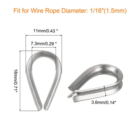 50 Pack Heavy Duty Stainless Steel Wire Rope Thimbles 1/16 Inch Cable Sleeves for securing wire rope loops and preventing damage.
