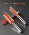 Carbide straight router bit set with one quarter inch shank displayed on a reflective surface, showcasing tungsten carbide blades.