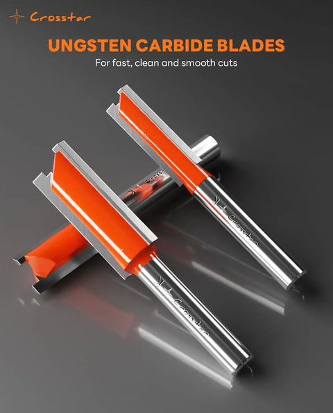 Carbide straight router bit set with one quarter inch shank displayed on a reflective surface, showcasing tungsten carbide blades.