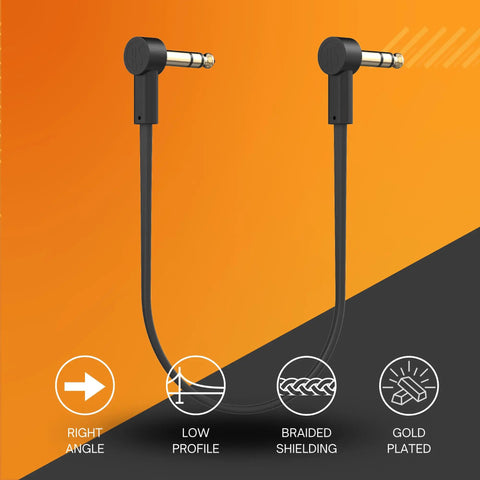 Ultra Thin Quarter Inch Stereo TRS Patch Cables Eighteen Inch Right Angle Low Profile Gold Plated Braided Shielding