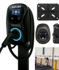 Beefed Up Level 2 EV Charger 48A 240V with 25 Ft Cable Hardwired ETL Listed for Tesla and J1772 EVs, wall and outlet view