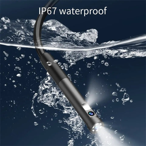 Tough Waterproof Mini Endoscope Camera With Crisp 2MP HD Video Six Bright LED Rings And A Slick Eight Millimeter Probe submerged in water.