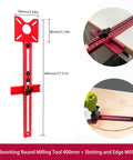 Heavy Duty Adjustable Router Jig For Dead On Circle Cuts And Clean Grooves With Slick Sliding Rail And Anodized Aluminum Body shown with measurements and precision scale.