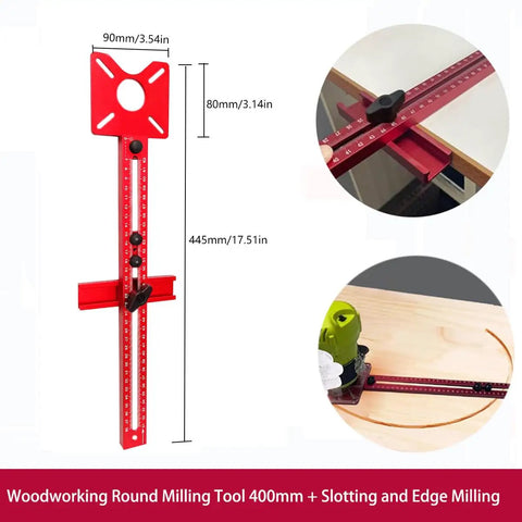 Heavy Duty Adjustable Router Jig For Dead On Circle Cuts And Clean Grooves With Slick Sliding Rail And Anodized Aluminum Body shown with measurements and precision scale.