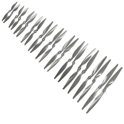2 Vane Direct Drive Nylon RC Propeller Set in Gray with Adapter Rings for Airplanes Drones Gliders, multiple sizes displayed