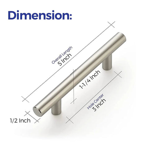 35 Pack 5 Inch Cabinet Pulls In Brushed Nickel Stainless Steel, showing dimensions with 3 Inch Center-To-Center Hole Spacing.