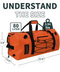 80L Dry Bag Waterproof Roll Top Go To Adventure Ready Duffel For Kayaking Camping Boating Rafting Fishing Canoeing Orange With Heavy Duty Straps And Durable Construction Build Quality, dimensions annotated