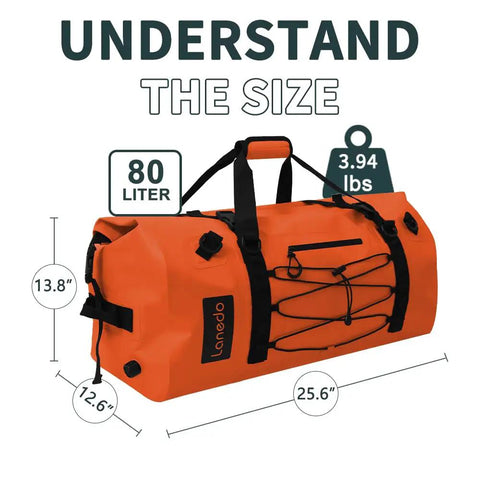 80L Dry Bag Waterproof Roll Top Go To Adventure Ready Duffel For Kayaking Camping Boating Rafting Fishing Canoeing Orange With Heavy Duty Straps And Durable Construction Build Quality, dimensions annotated