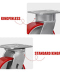 Comparison of kingpinless and standard kingpin designs for Rock Solid Six Inch Polyurethane Swivel Casters Heavy Duty Industrial Kingpinless Set Of Four With Seven Thousand Two Hundred Lbs Capacity For Moving Heavy Gear Daily.