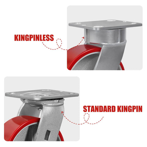 Comparison of kingpinless and standard kingpin designs for Rock Solid Six Inch Polyurethane Swivel Casters Heavy Duty Industrial Kingpinless Set Of Four With Seven Thousand Two Hundred Lbs Capacity For Moving Heavy Gear Daily.