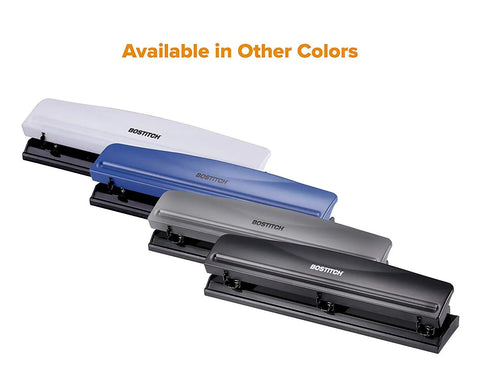 Workhorse 3 Hole Punch For Office Use, 12 Sheet Capacity, Solid Metal Construction, available in multiple colors, four punches shown.