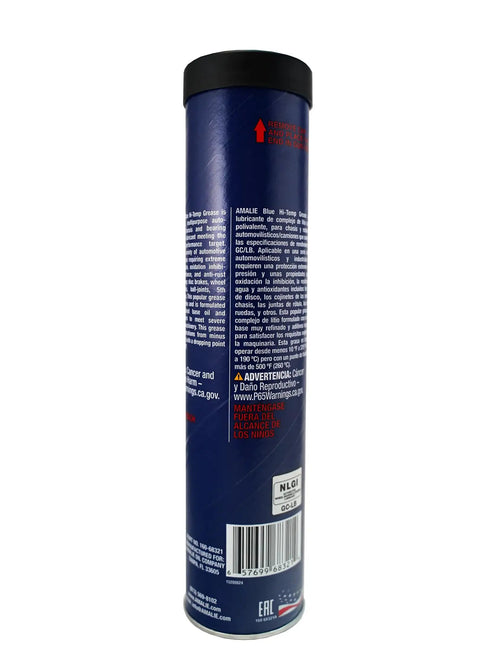 Side view of Blue Hi-Temp Grease 14 oz tube with product details, part of a Pack of 10, offers rust protection and water washout resistance.