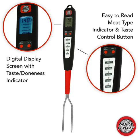Digital Meat Thermometer Fork For Grilling And BBQ With Fast Read Probes, featuring display screen and control buttons