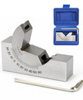 Stainless steel adjustable angle V-block milling gauge with protractor scale; includes L-wrench and blue case