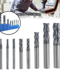 1/32 Inch Carbide Square End Mill Set With 4 Flute HRC 55 AlTiN Coated CNC Router Bits displayed in a row, pack of 5