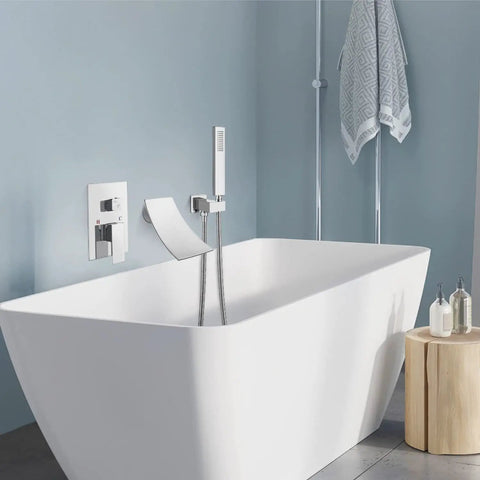 Waterfall Bathtub Faucet Kit Wall Mounted Tub Filler With Handheld Shower Spout One Handle Valve Included Polished Chrome