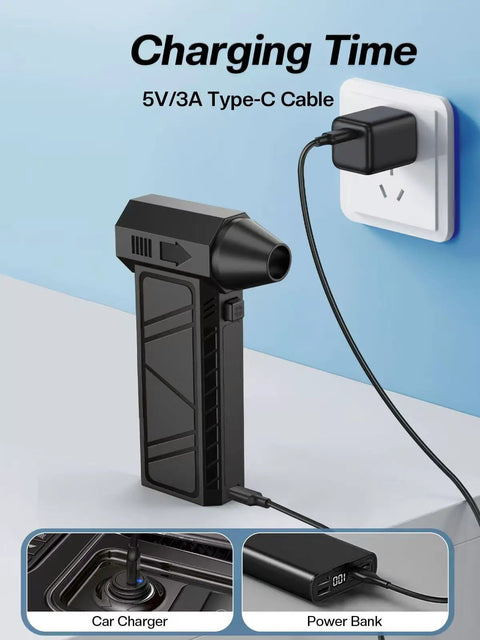 130,000 RPM Powerhouse Electric Blower With Four Speed Settings for charging via USB-C on a desk beside power outlets.