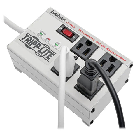 Beefy Four-Outlet Heavy Duty Power Strip With 3330 Joules Surge Protector, 6ft Cord, flat plug, metal housing, plugged in view