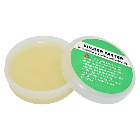 Open container of Pro Grade Soldering Paste And Cream For Electronics Repairs PCB And LED Soldering Easy To Use Welding Cream.