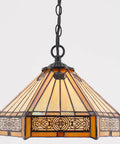 Lit Tiffany Style Pendant Light Hardwired Yellow Hexagon Stained Glass 12 Inch Mission Hanging Lamp S011 Series With Antique Green Bronze Finish And 32 Inch Cord showing detailed stained glass design