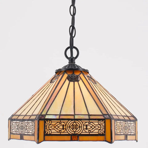 Lit Tiffany Style Pendant Light Hardwired Yellow Hexagon Stained Glass 12 Inch Mission Hanging Lamp S011 Series With Antique Green Bronze Finish And 32 Inch Cord showing detailed stained glass design
