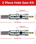 2 Piece Hole Saw Kit with carbide-tipped drill bits for metal, wood, and plastic, showing dimensions and components.