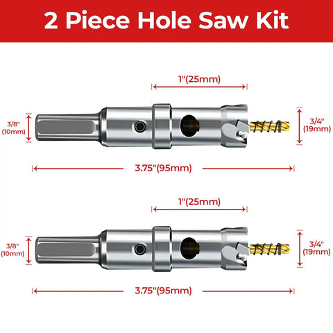 2 Piece Hole Saw Kit with carbide-tipped drill bits for metal, wood, and plastic, showing dimensions and components.