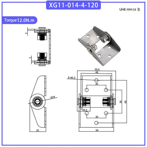 Adjustable damping hinge with stainless steel 304 pivot, 13 N·m torque, 1 pc, front and side views.