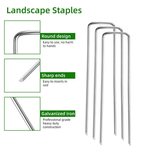Tough As Nails Heavy Duty Galvanized 5 Inch Lawn Staples 11 Gauge U Shaped Ground Spikes shown with sharp ends and round design